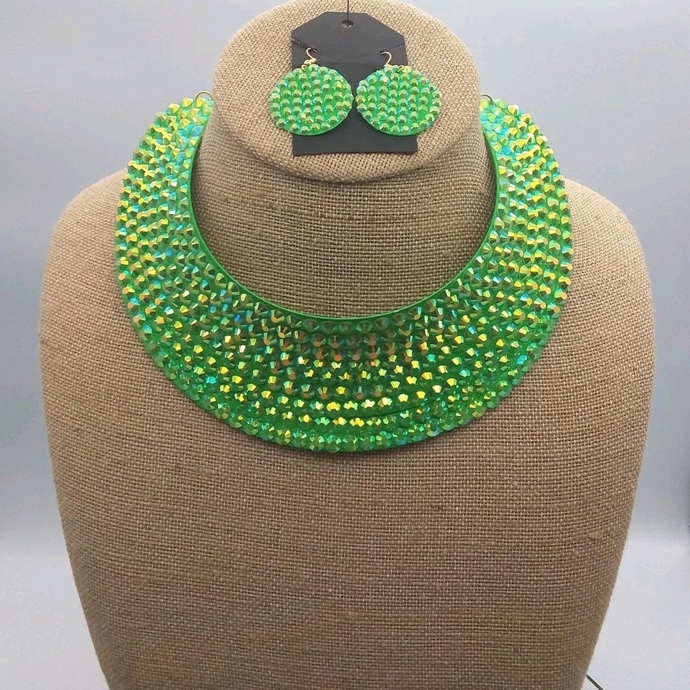 Lime Green Chunky Necklace Crystal Rhinestone‎ Wide Egyptian Collar Choker Earr